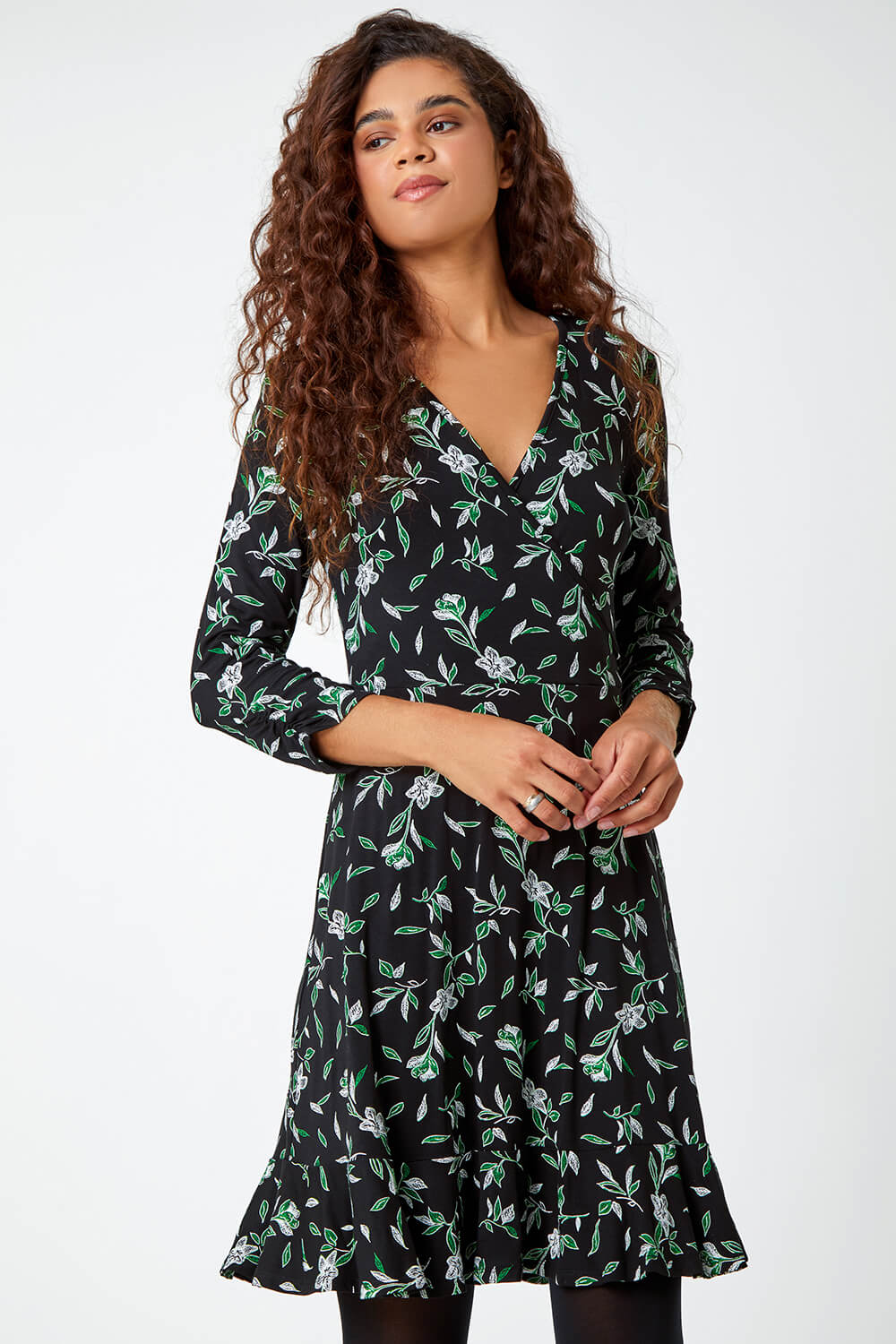 Black Leaf Print Frill Hem Wrap Stretch Dress | Roman UK