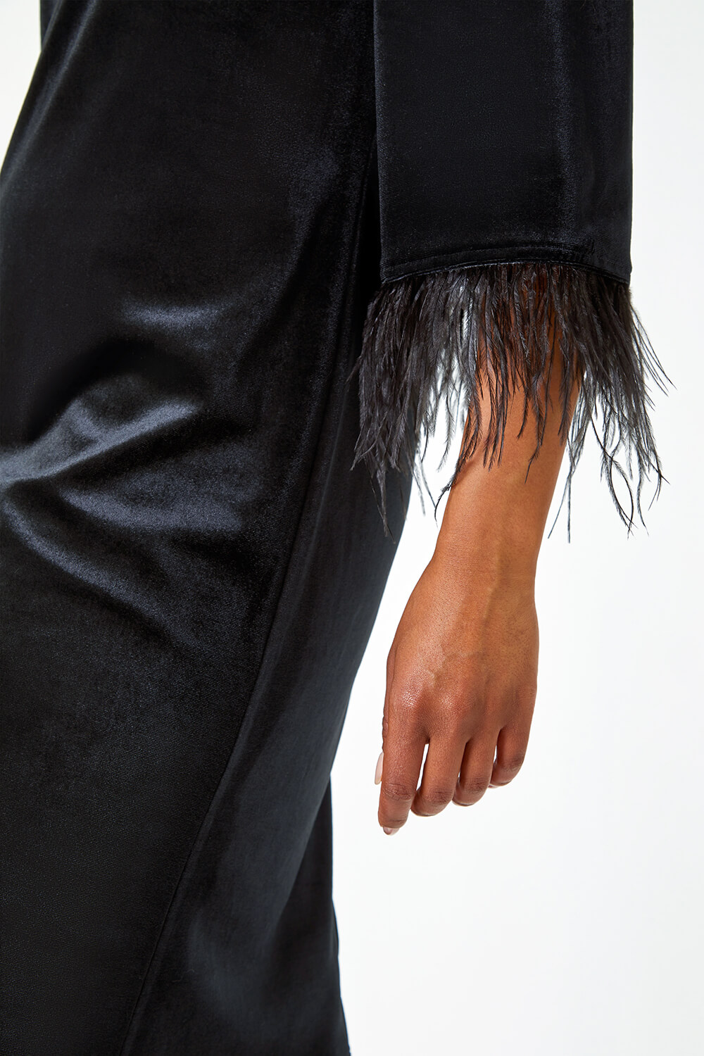 Black Petite Velvet Feather Trim Stretch Dress, Image 5 of 7