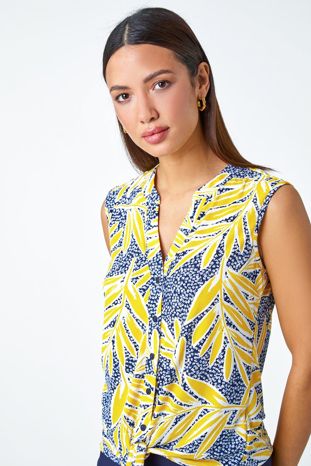 Yellow Textured Palm Print Stretch Blouse, Image 4 of 5