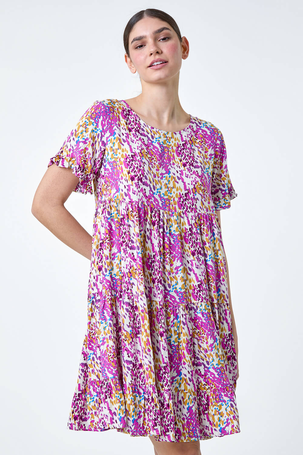 PINK Abstract Print Tiered Smock Dress, Image 4 of 5