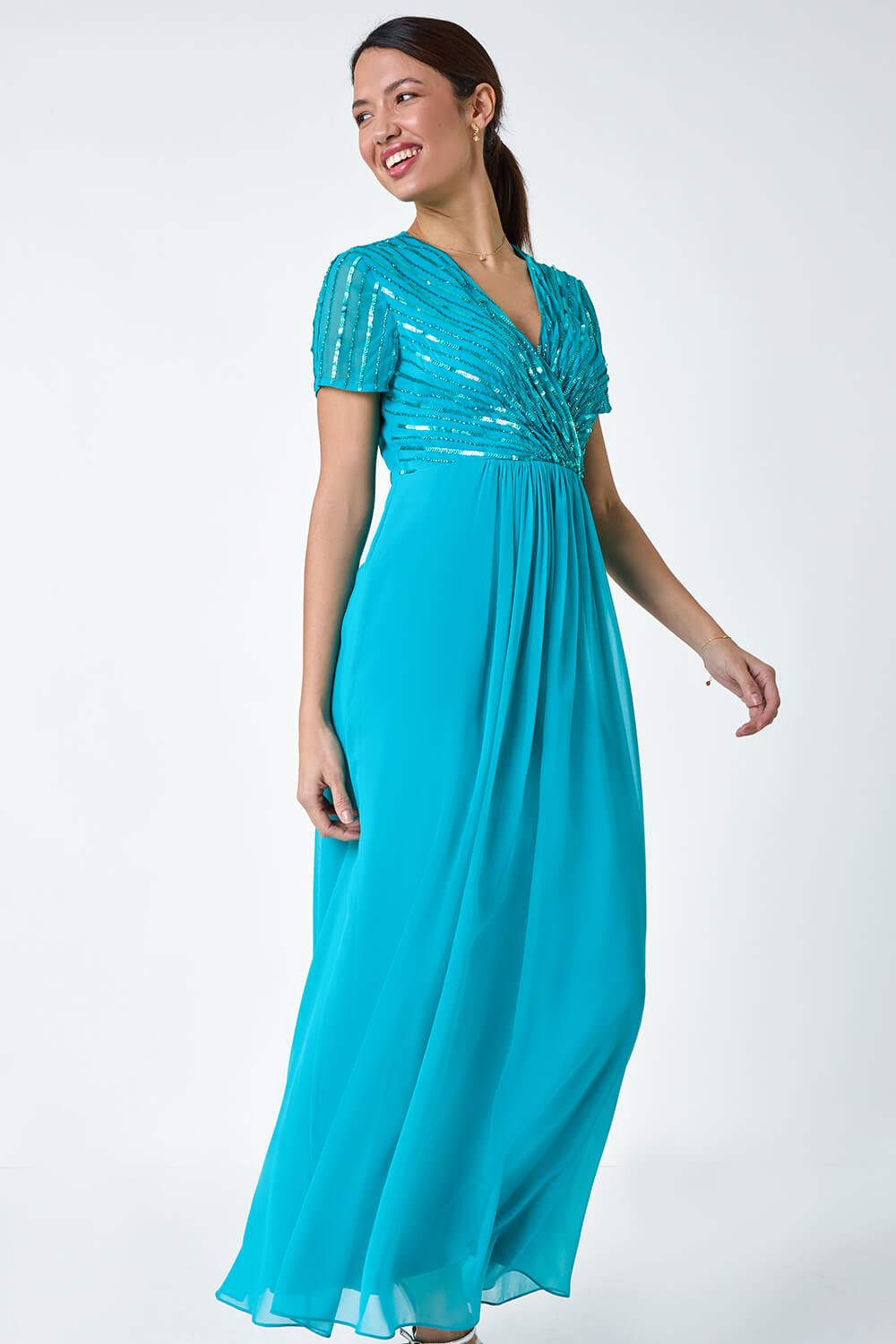 Teal Sequin Embellished Maxi Dress, Image 2 of 5