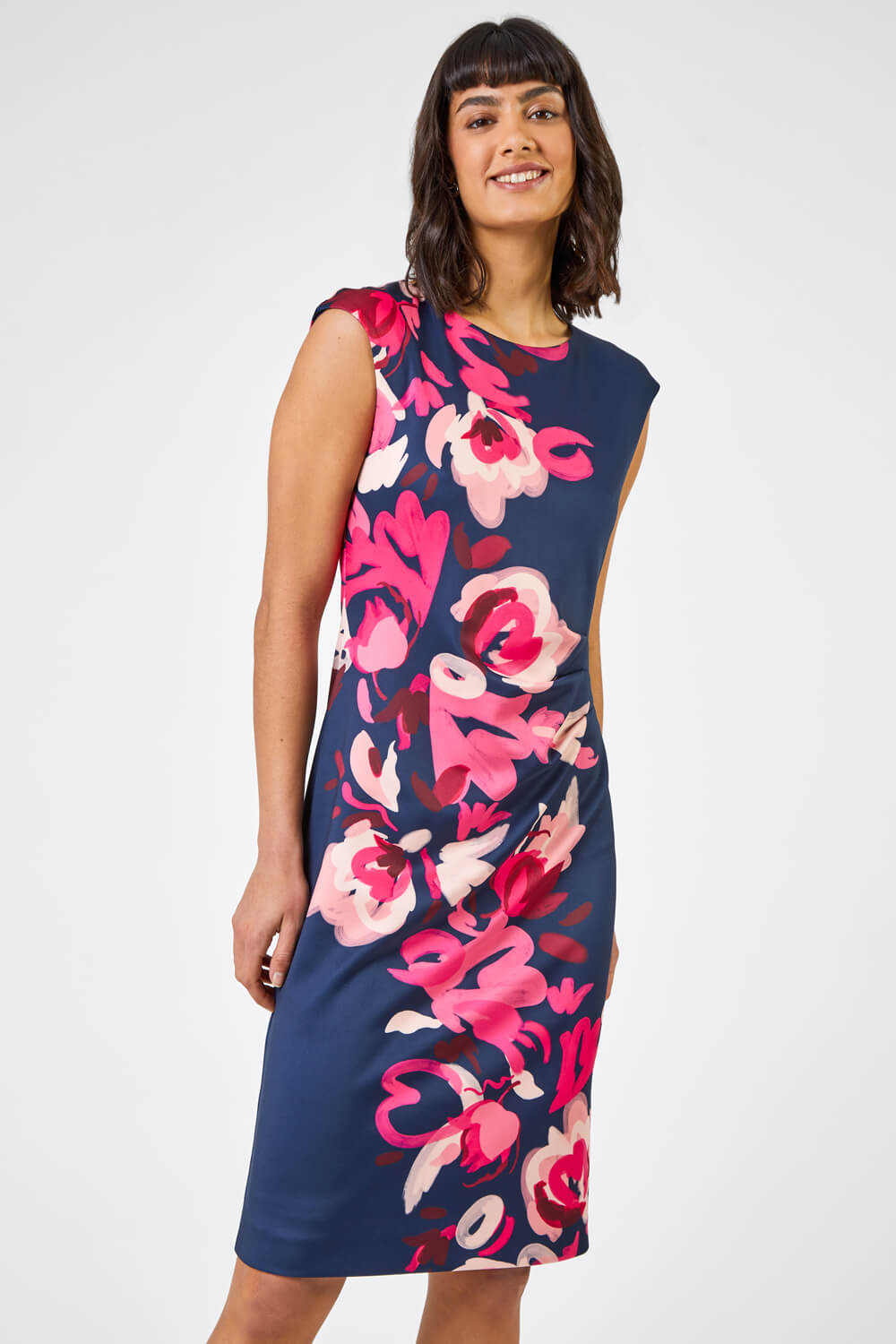 Floral Print Fitted Premium Stretch Dress in Navy - Roman Originals UK