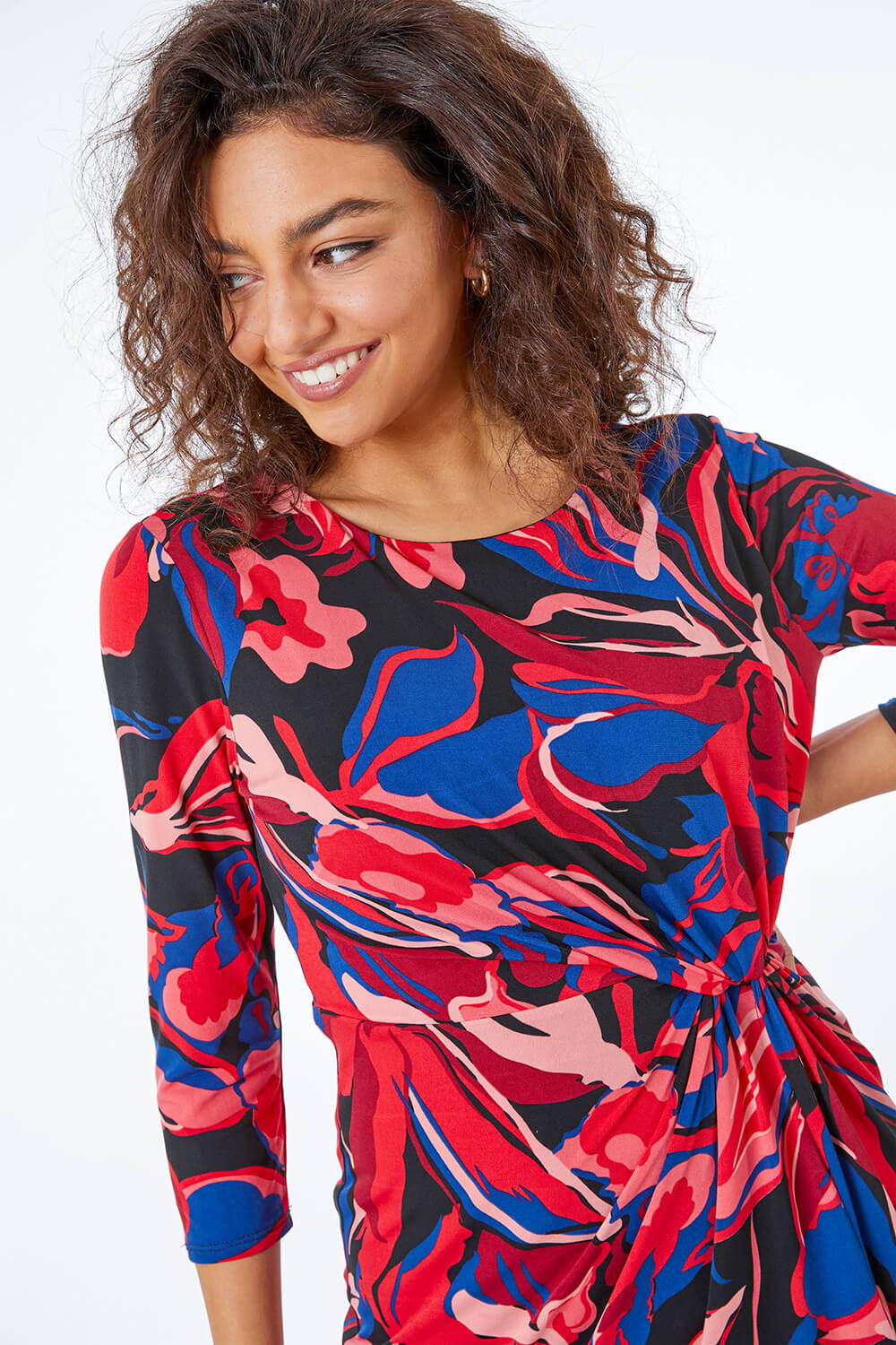 CORAL Petite Abstract Floral Side Knot Dress, Image 4 of 5