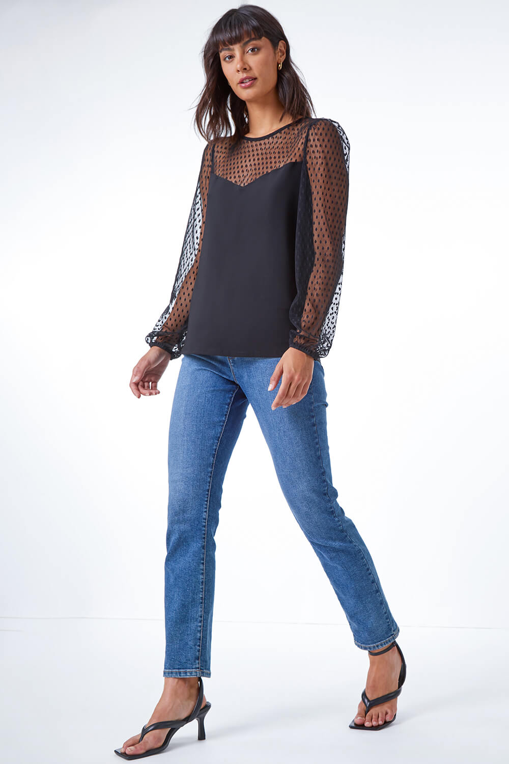 Spot Mesh Insert Stretch Jersey Top in Black - Roman Originals UK