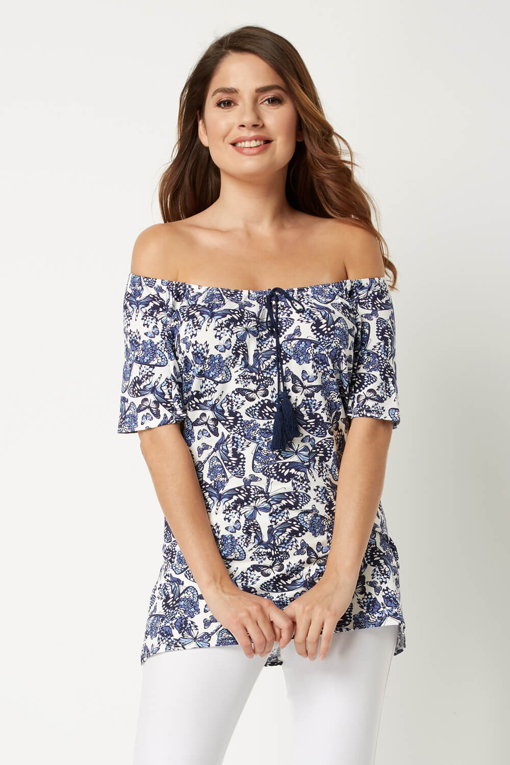 Butterfly Print Top in Navy - Roman Originals UK