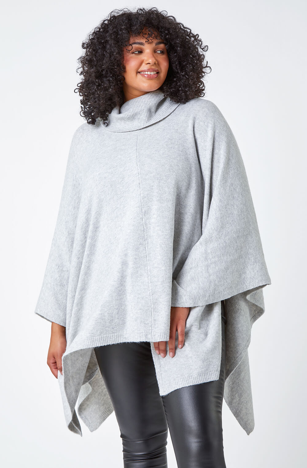 Grey Curve One Size Button Stretch Poncho, Image 2 of 7