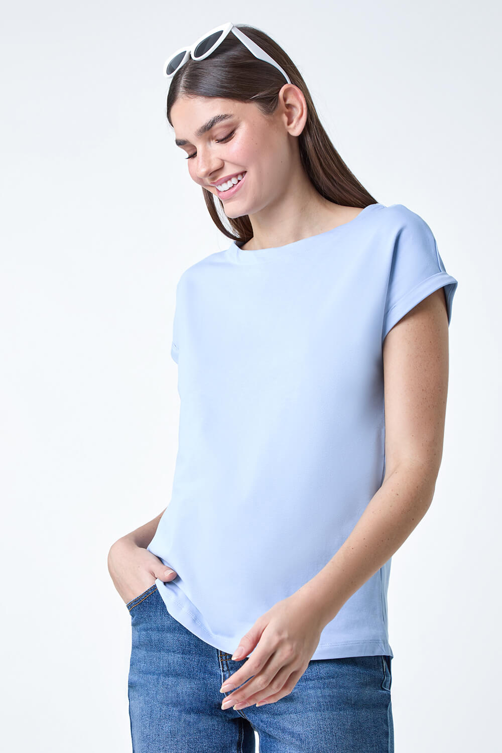 Light Blue  Plain Stretch Cotton Jersey T-Shirt, Image 2 of 5