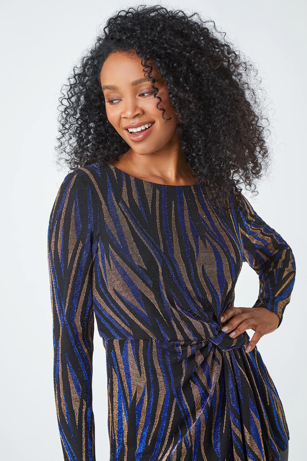 Blue Petite Animal Shimmer Stretch Twist Top, Image 1 of 5
