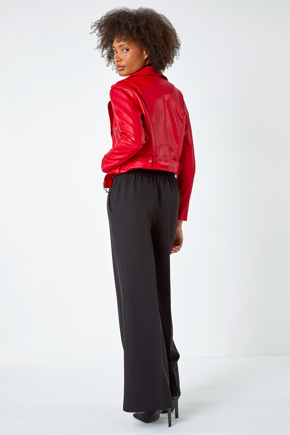 Red Cropped Faux Leather Biker Jacket , Image 3 of 5