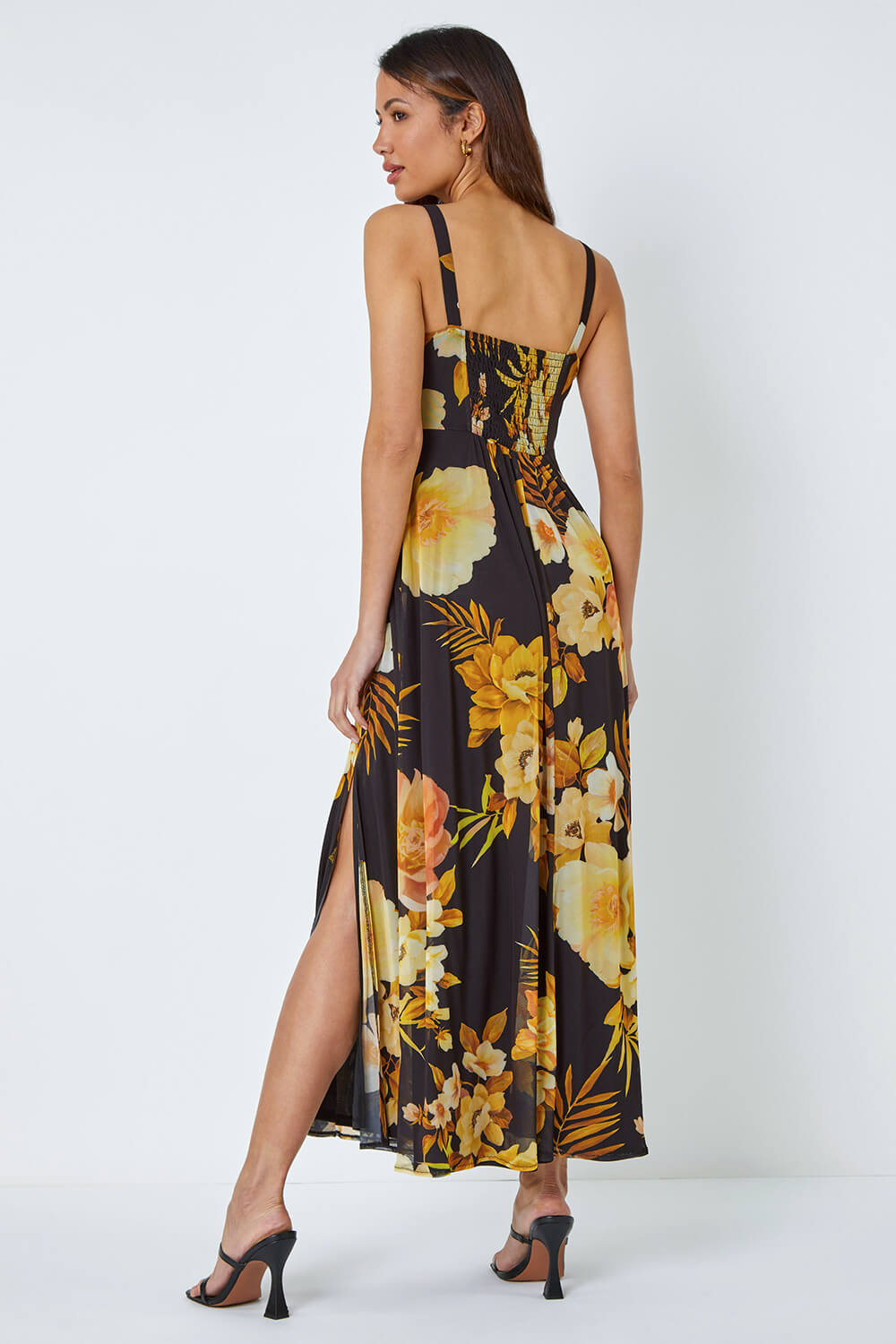 Yellow Floral Print Stretch Maxi Dress, Image 3 of 5