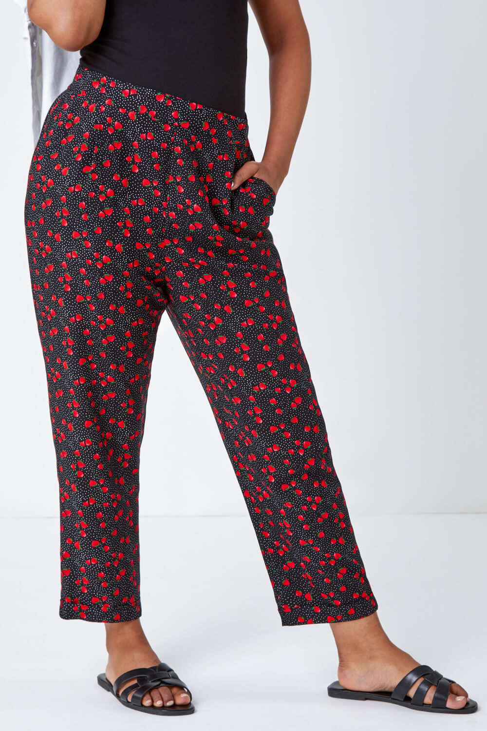 Black Petite Strawberry Tapered Stretch Trousers | Roman UK