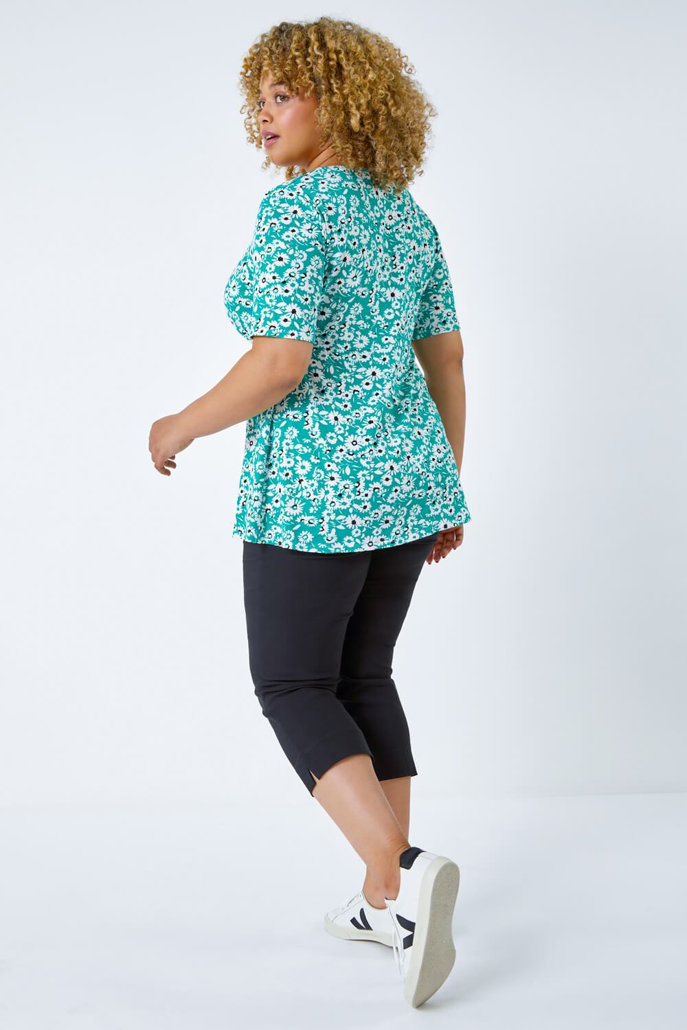 Green Curve Floral Print Smock Top, Image 3 of 5