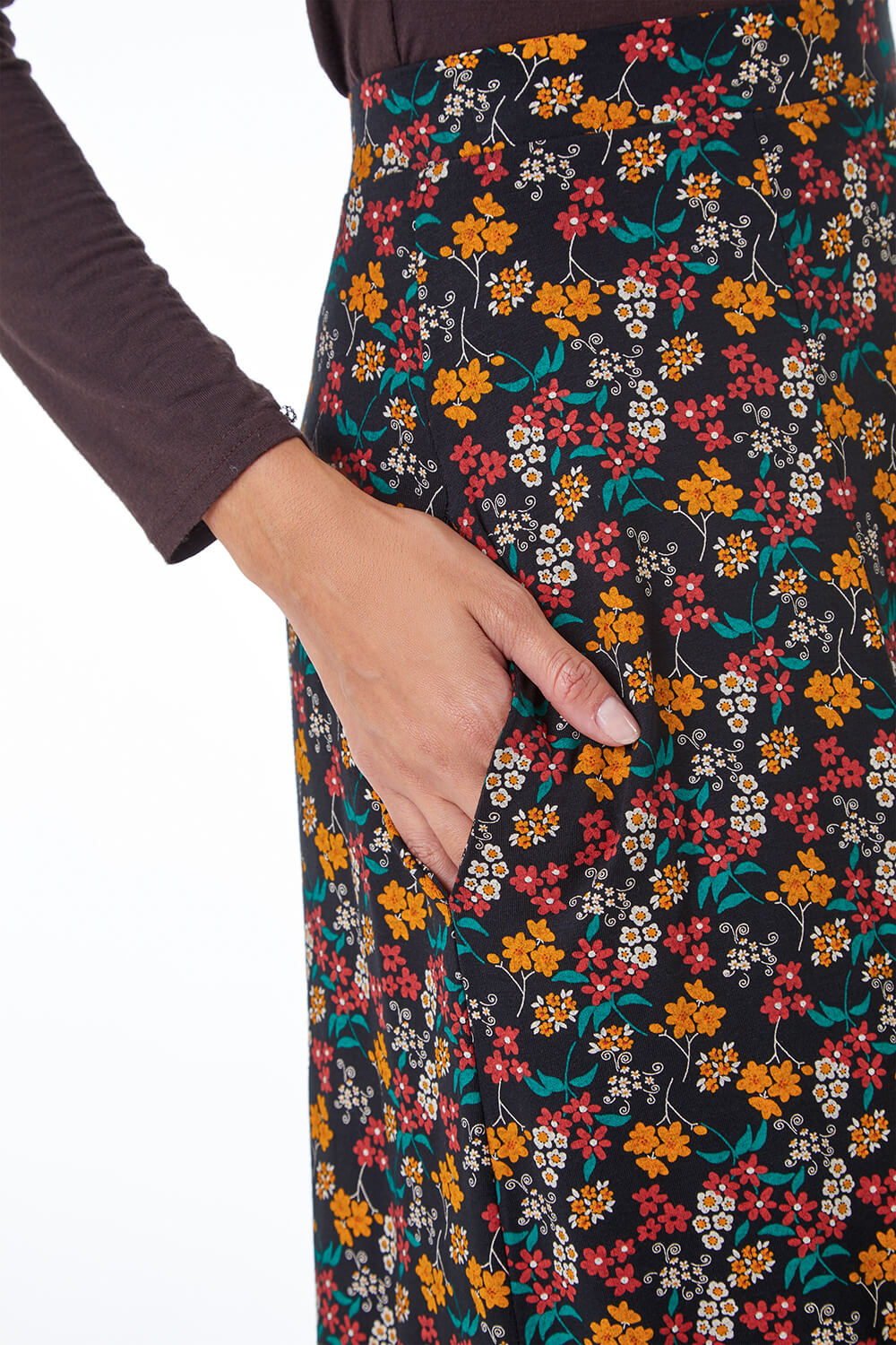 Floral Print Pocket Detail Midi Skirt in Black - Roman Originals UK