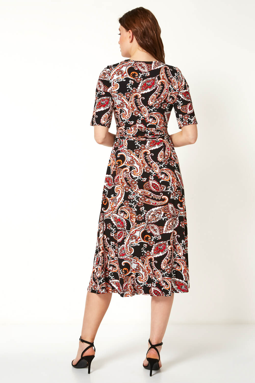 Black Paisley Print Wrap Midi Dress, Image 2 of 4