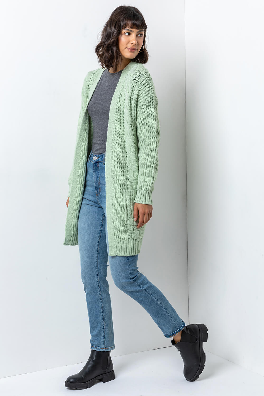 Mint Cable Knit Longline Cardigan, Image 3 of 5
