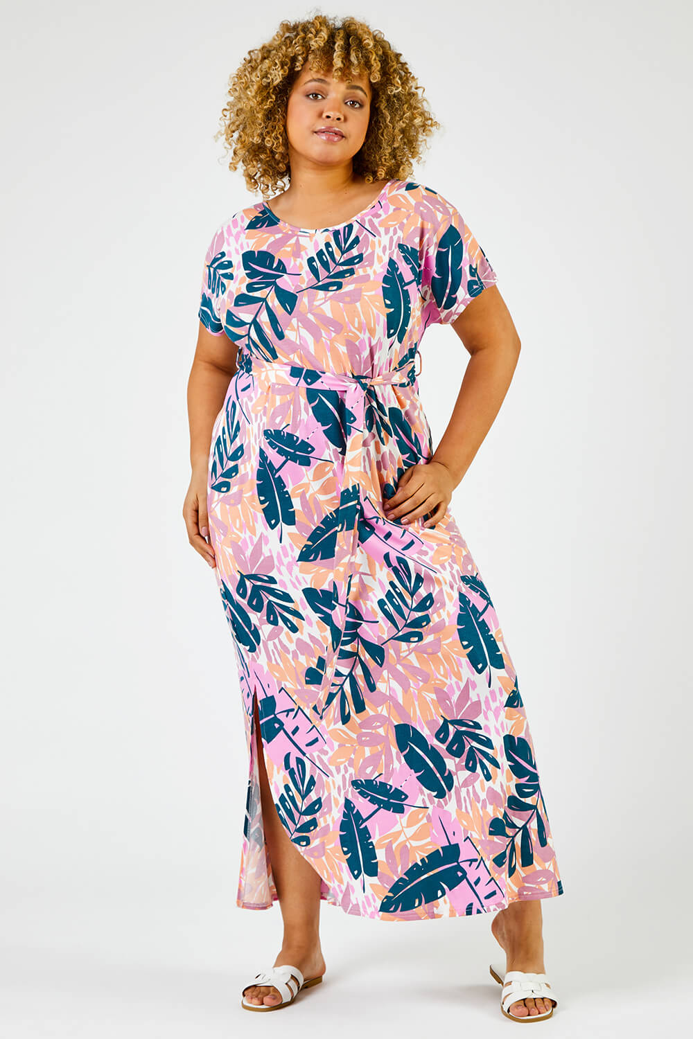 Curve Tropical Leaf Print Maxi Dress in Pink - Roman Originals UK