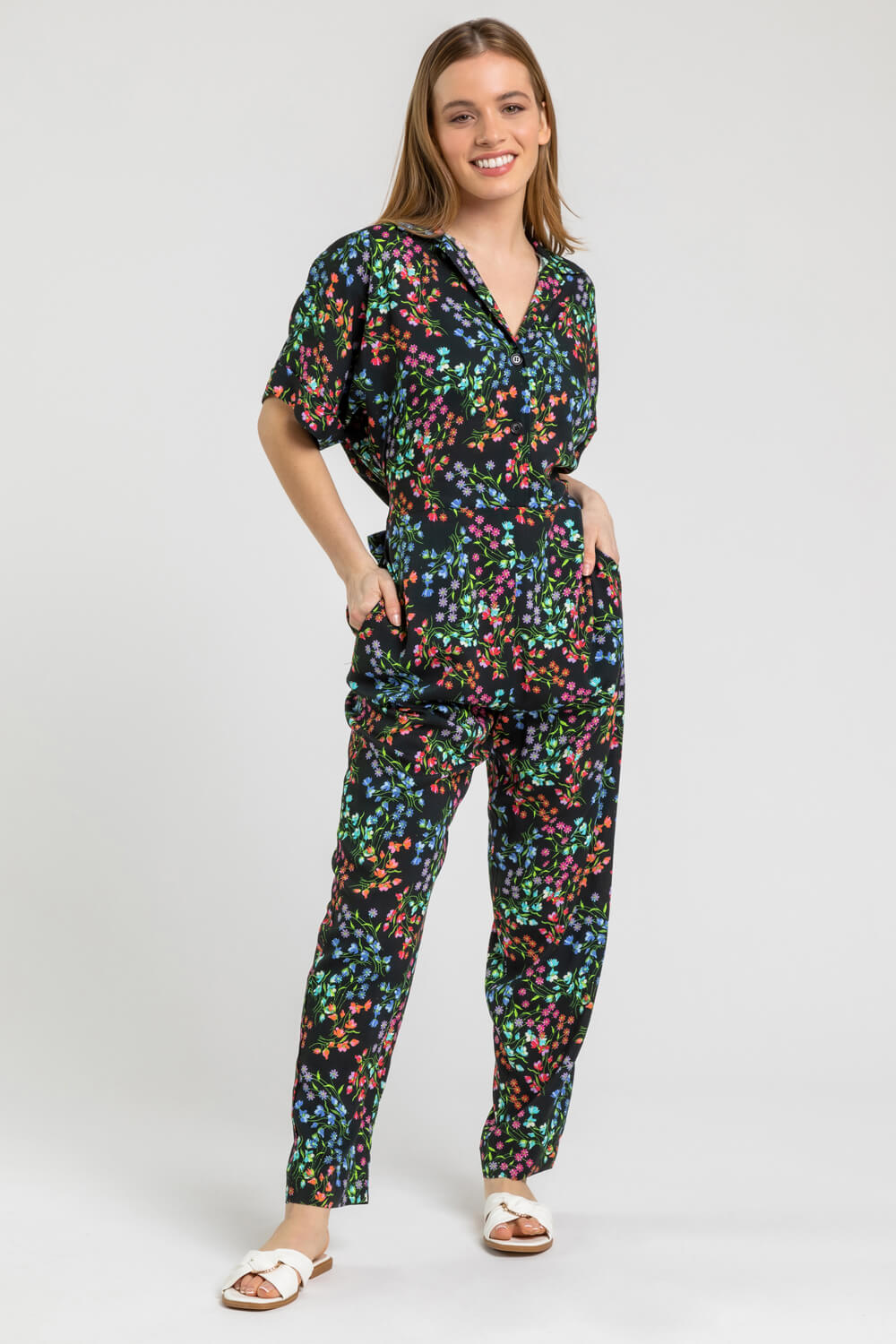 Black Petite Ditsy Floral Collar Jumpsuit, Image 3 of 5