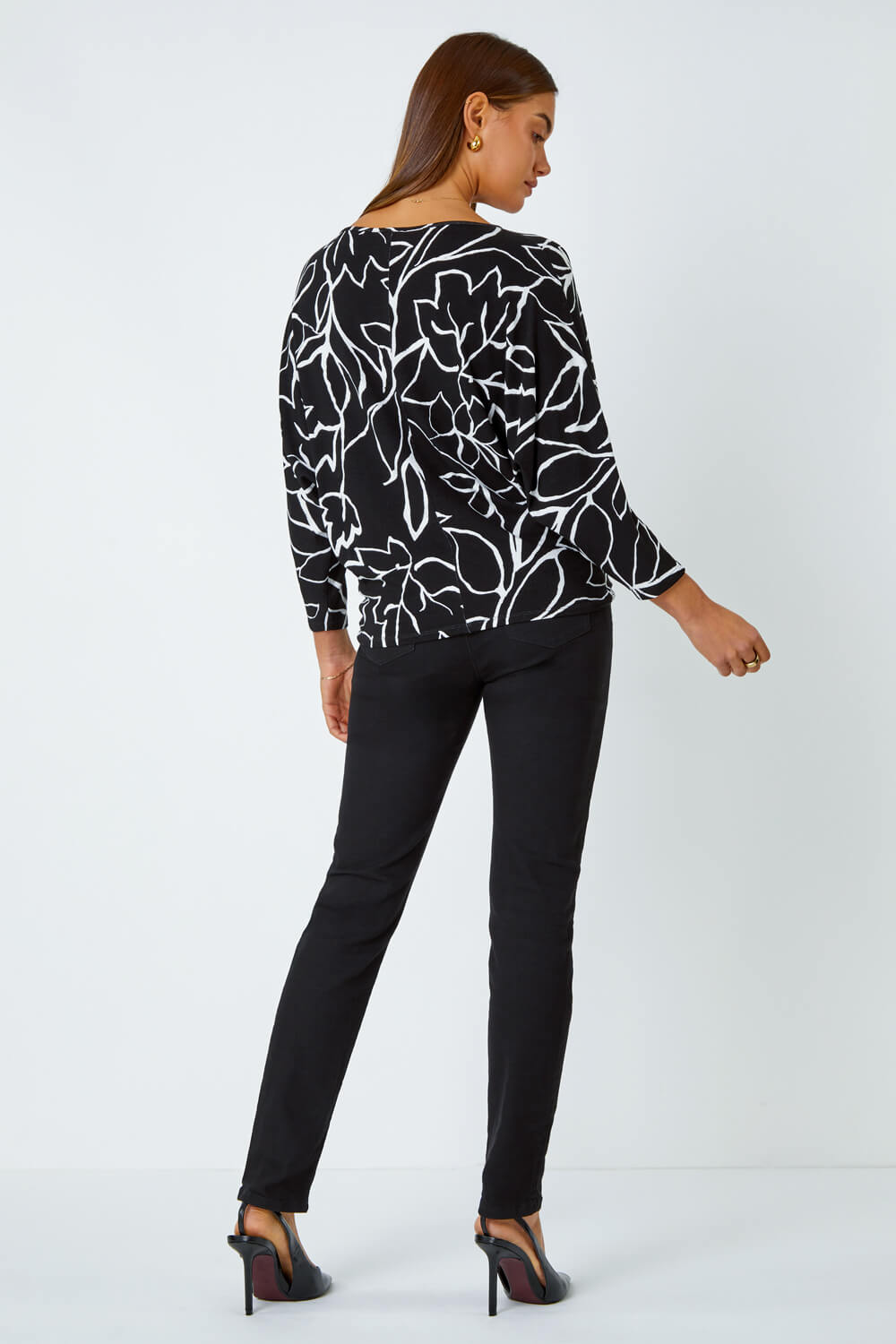 Black Contrast Floral Linear Print Stretch Top, Image 3 of 5