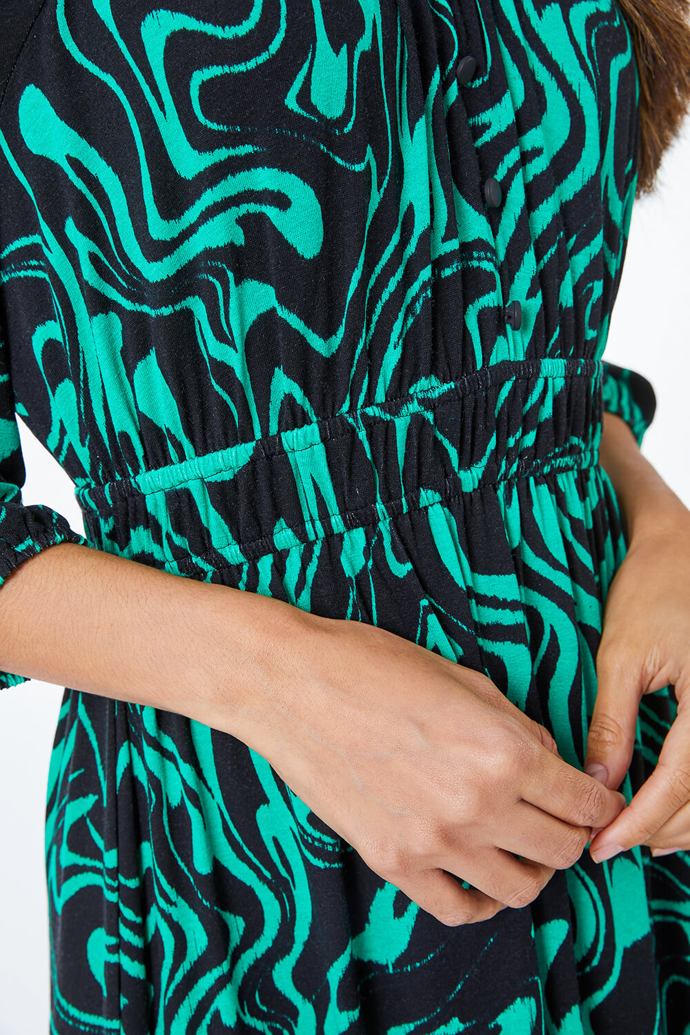 Green Swirl Print Shirred Waist Midi Dress, Image 5 of 5