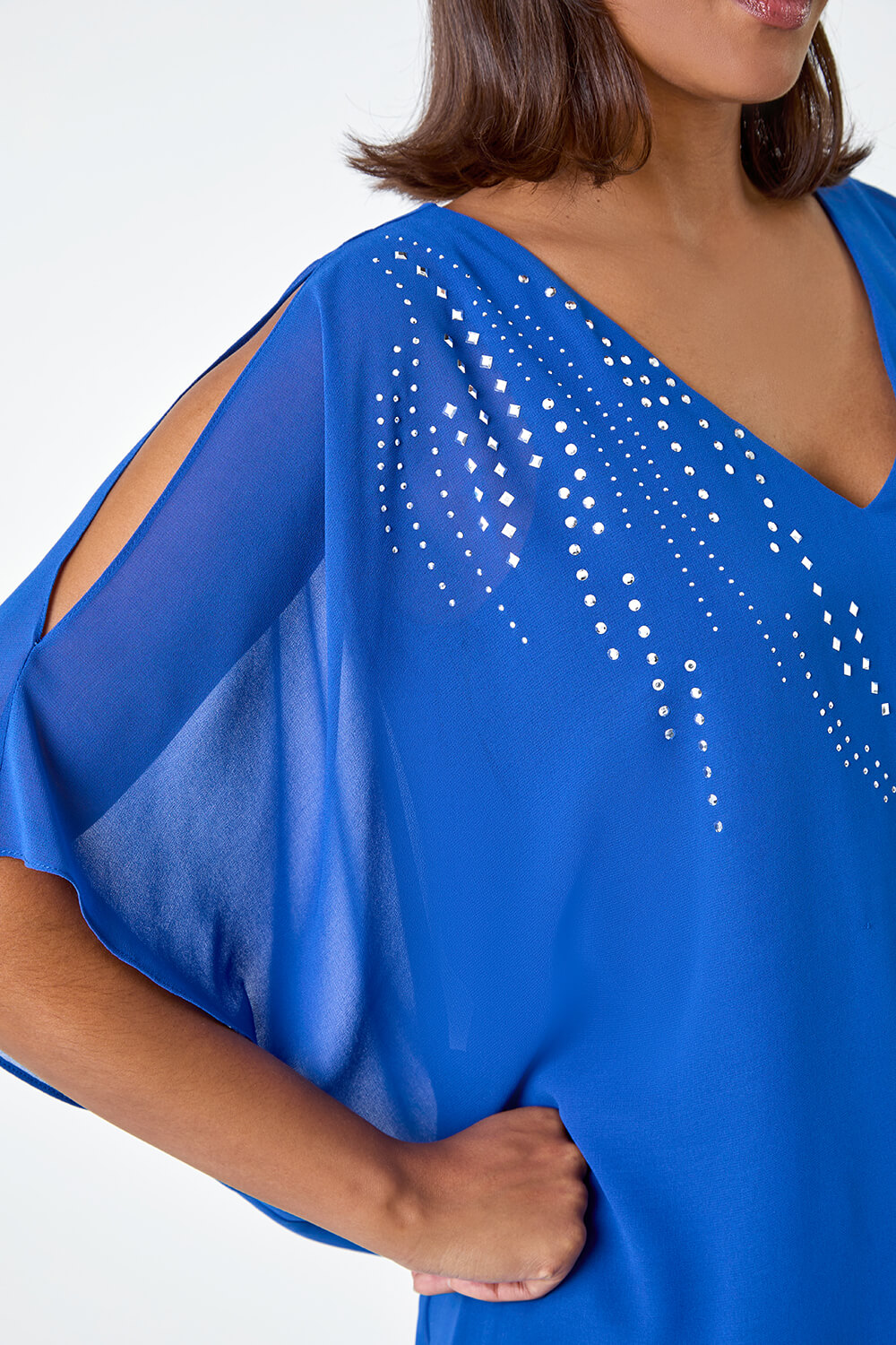 Royal Blue Embellished Cold Shoulder Overlay Dress, Image 5 of 5