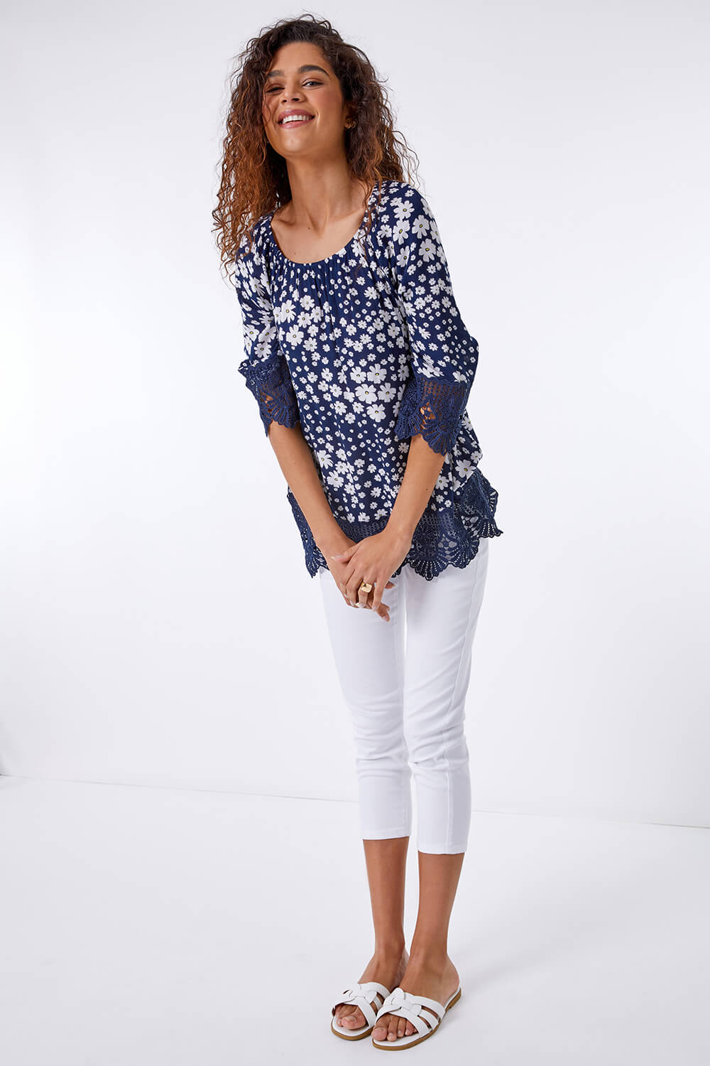 Navy  Floral Print Lace Trim Top, Image 2 of 4