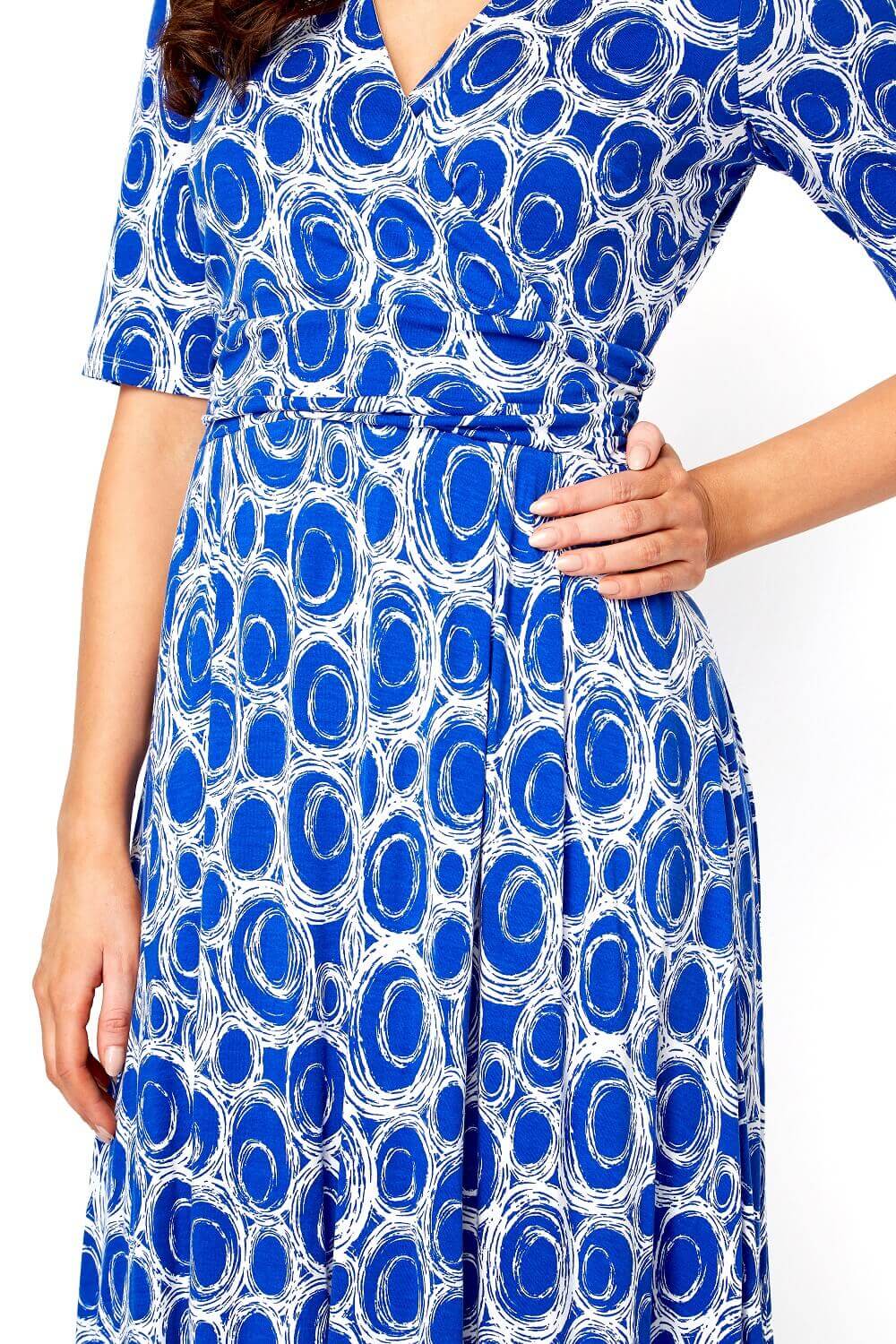 Royal Blue Spot Printed Fit and Flare Dress, Image 4 of 5