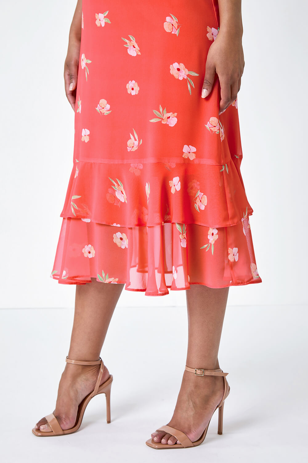 CORAL Petite Floral Chiffon Frill Tiered Midi Dress, Image 5 of 5