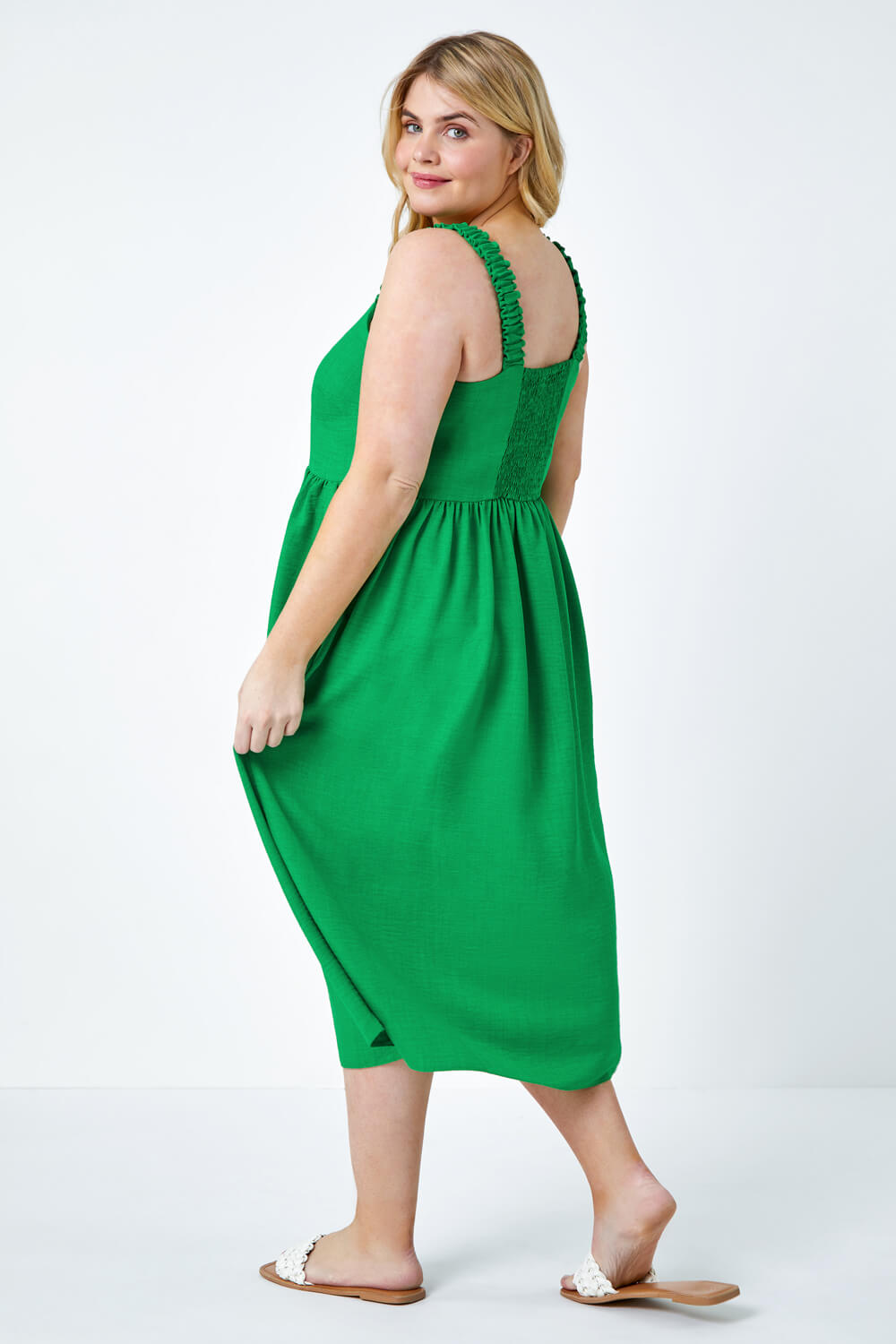 Green Curve Linen Look Ruched Midi Dress, Image 3 of 5