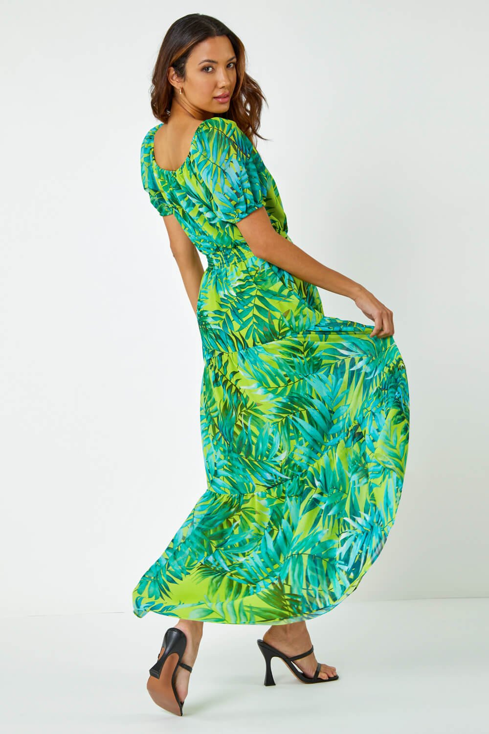Lime Palm Print Tiered Maxi Dress, Image 3 of 5