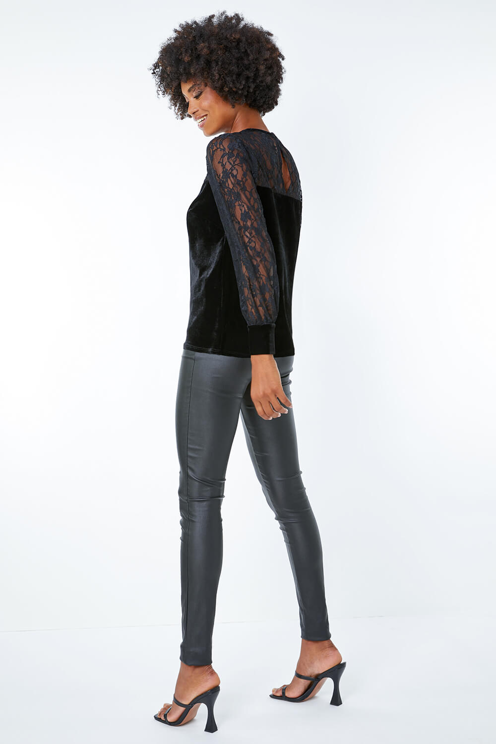 Velvet Lace Sleeve Top in Black - Roman Originals UK