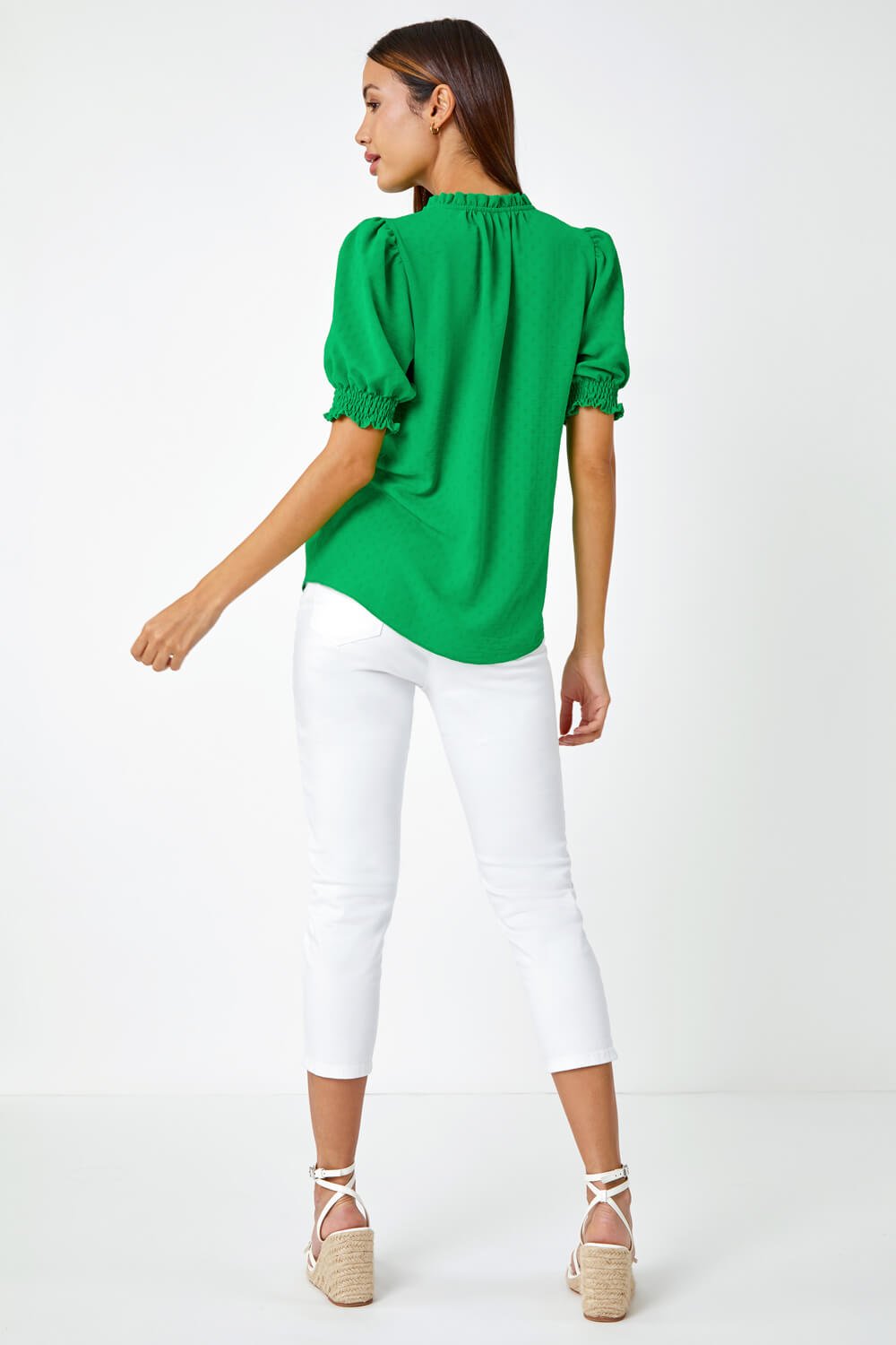 Green Frill Neck Plain Tie Detail Top, Image 3 of 5