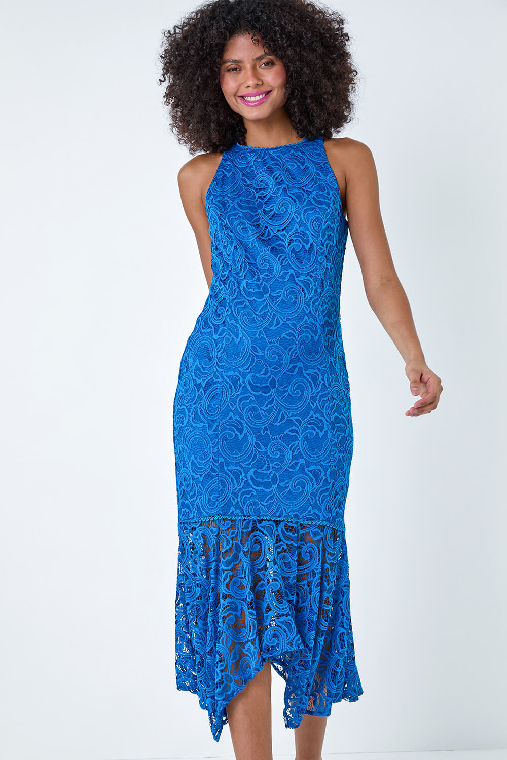 Blue Sleeveless Stretch Lace Midi Dress, Image 2 of 5