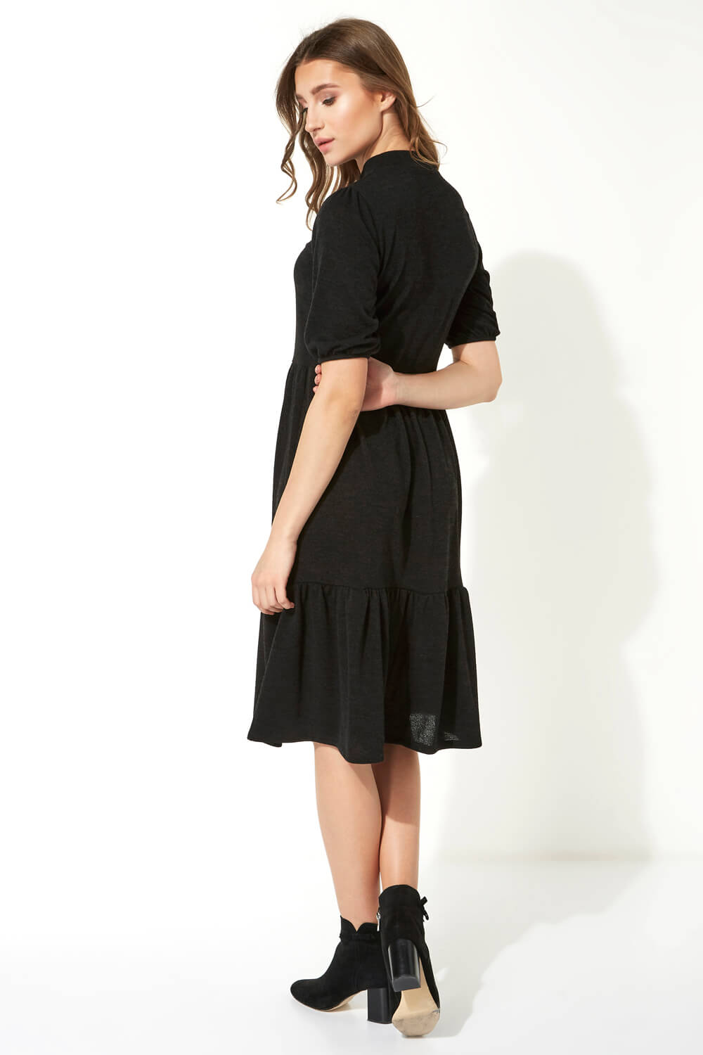 Black Puff Sleeve Knitted Midi Dress, Image 2 of 5