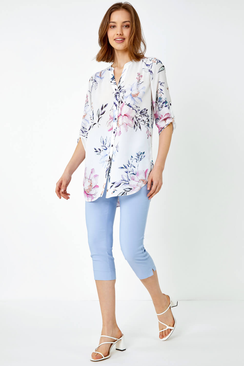Ivory  Floral Print Longline Blouse, Image 2 of 5