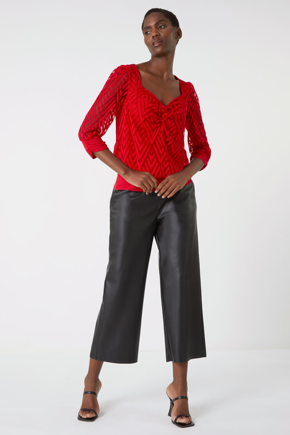 Red Chevron Twist Front Blouson Stretch Top, Image 2 of 5