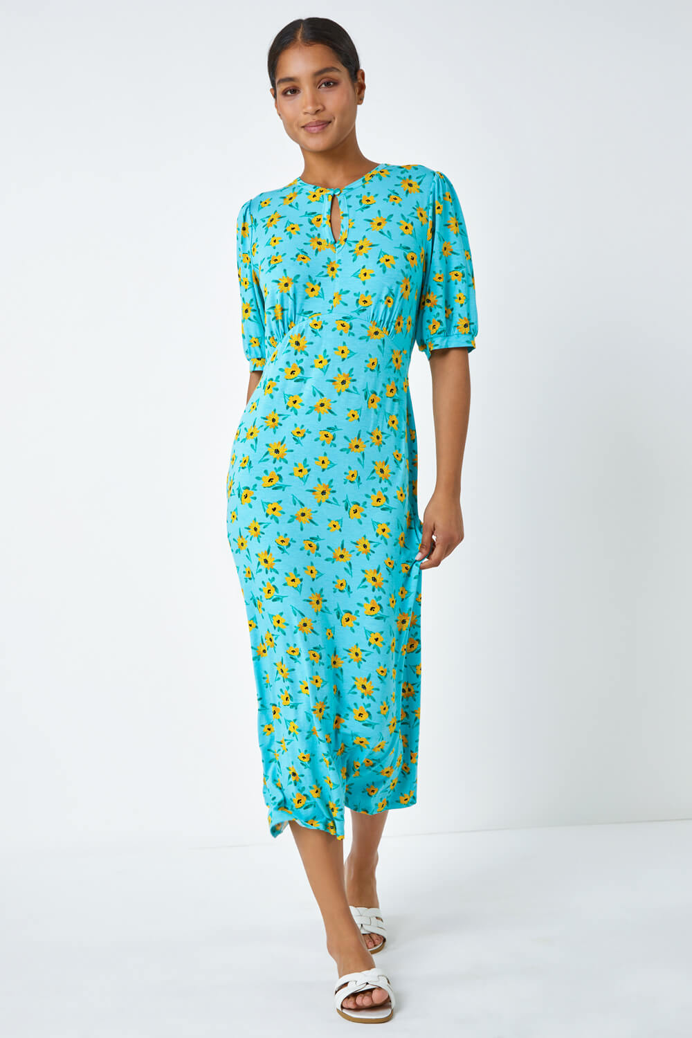 Blue Sunflower Print Keyhole Stretch Midi Dress, Image 3 of 6
