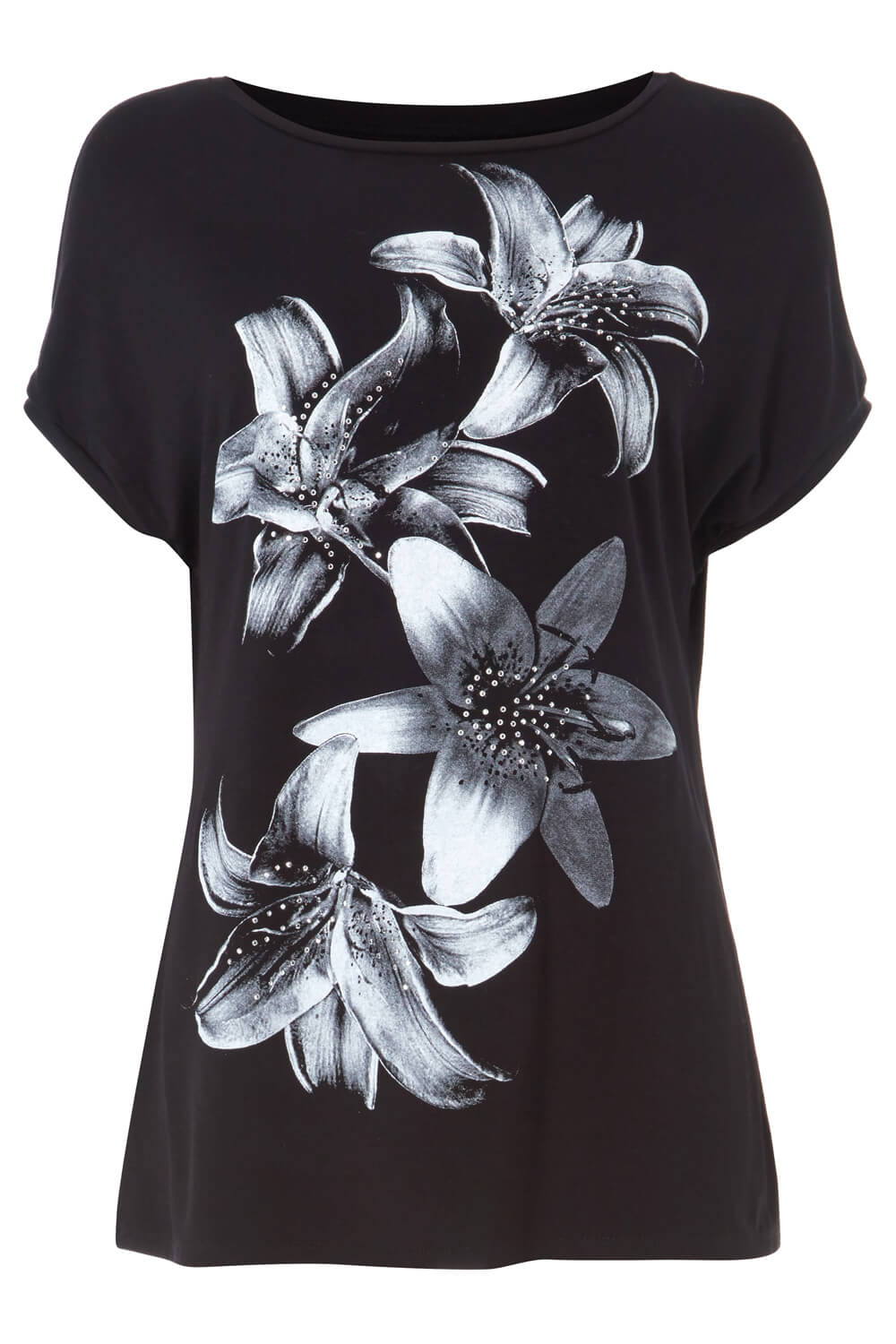 Black Floral Lily Print Embellished T-Shirt, Image 5 of 5