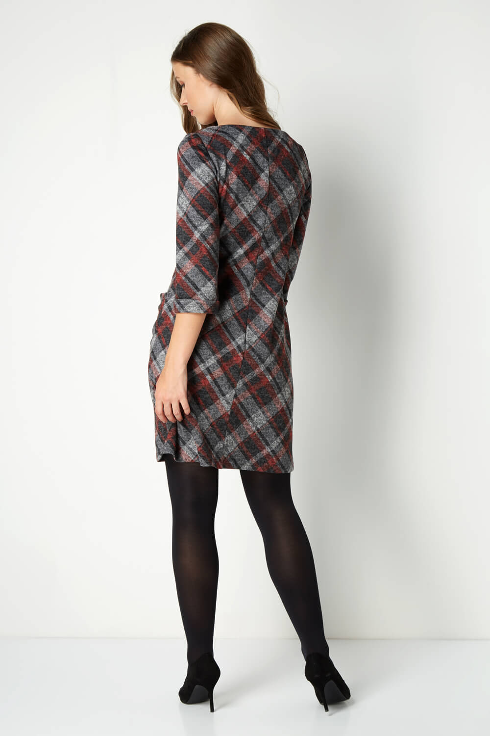 Red Check Print 3/4 Sleeve Shift Dress, Image 2 of 4
