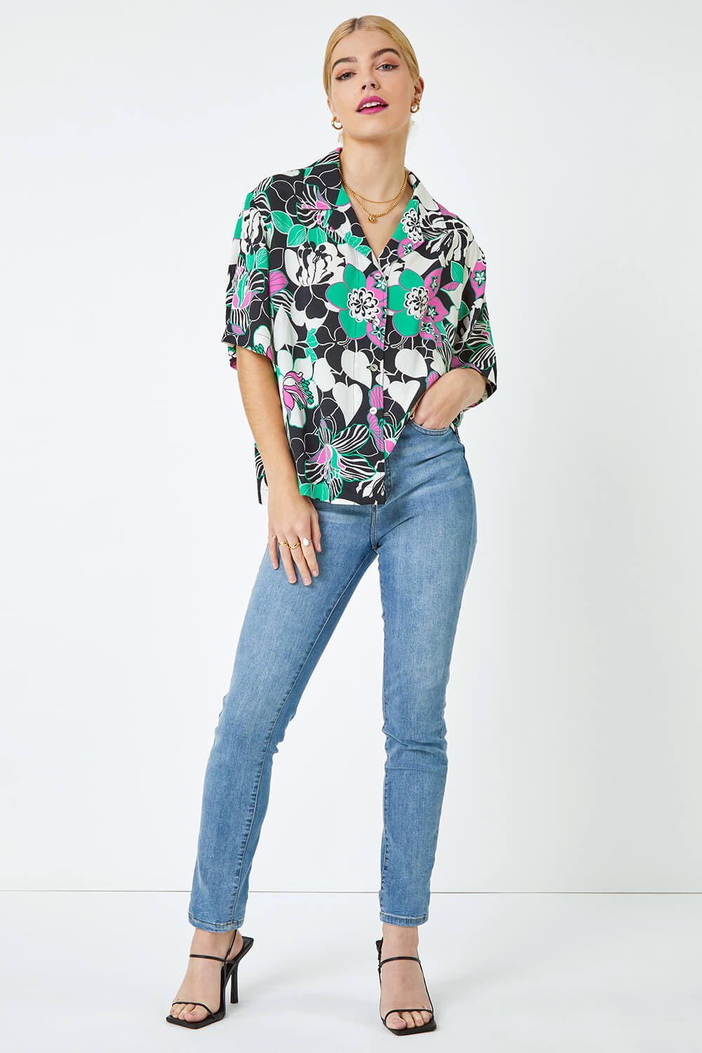 Black Relaxed Floral Print Shirt, Image 4 of 6