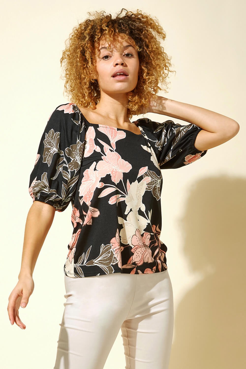Floral Lily Print Square Neck Top