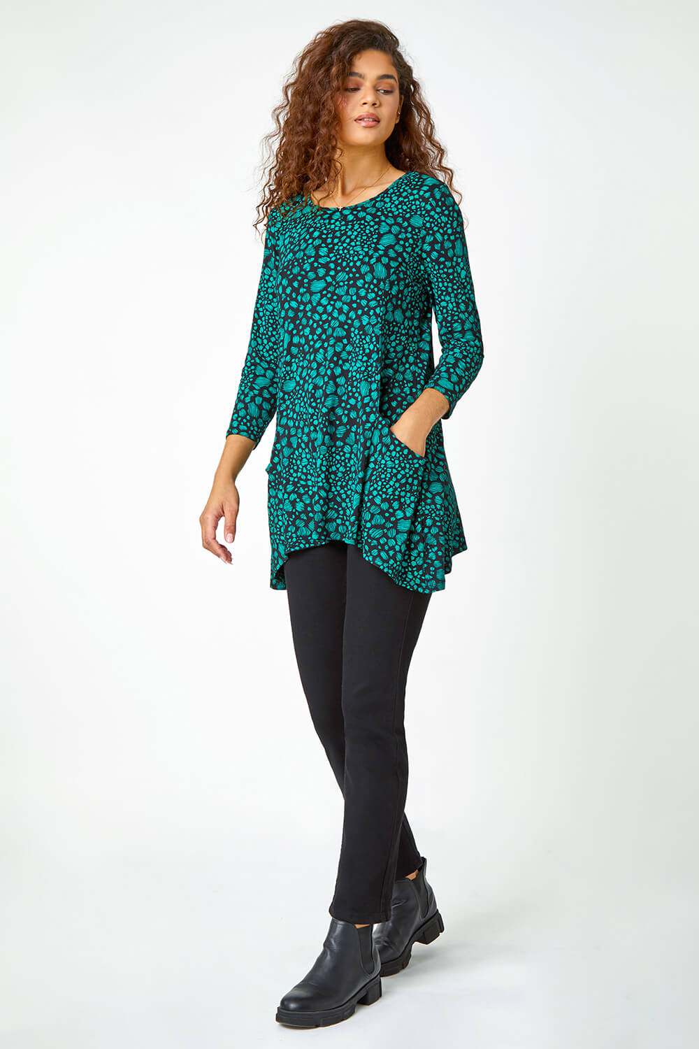 Green Spot Print Swing Stretch Top, Image 2 of 5