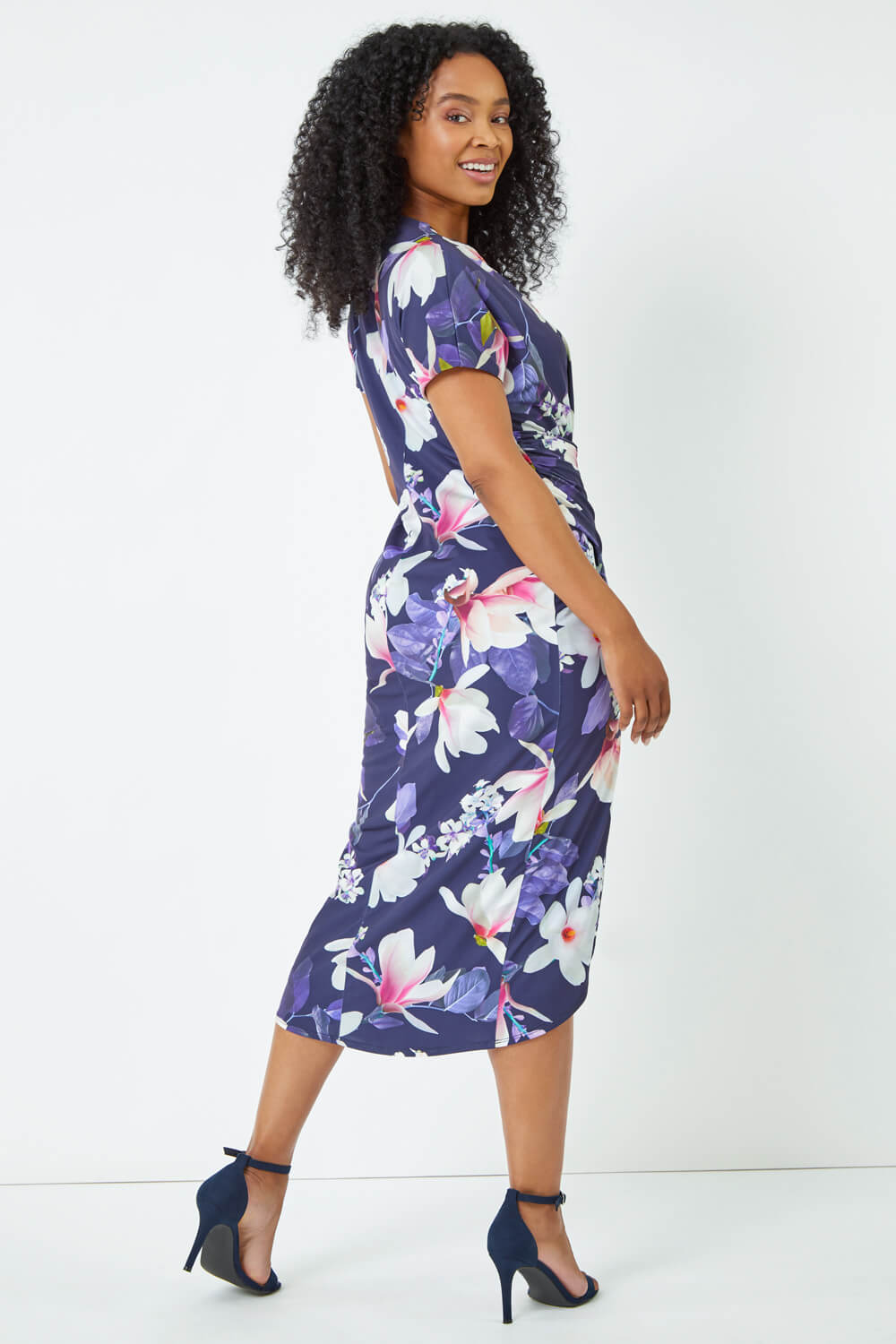 Navy  Petite Ruched Floral Wrap Dress, Image 3 of 5