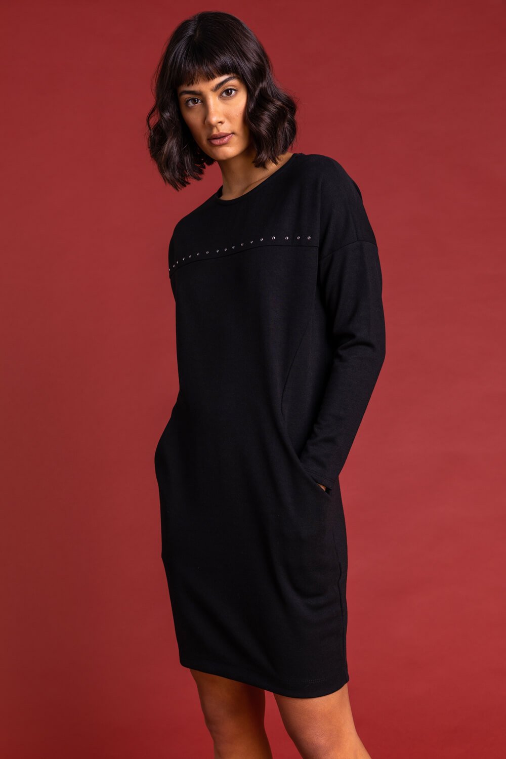 Black Stud Embellished Pocket Shift Dress, Image 5 of 5