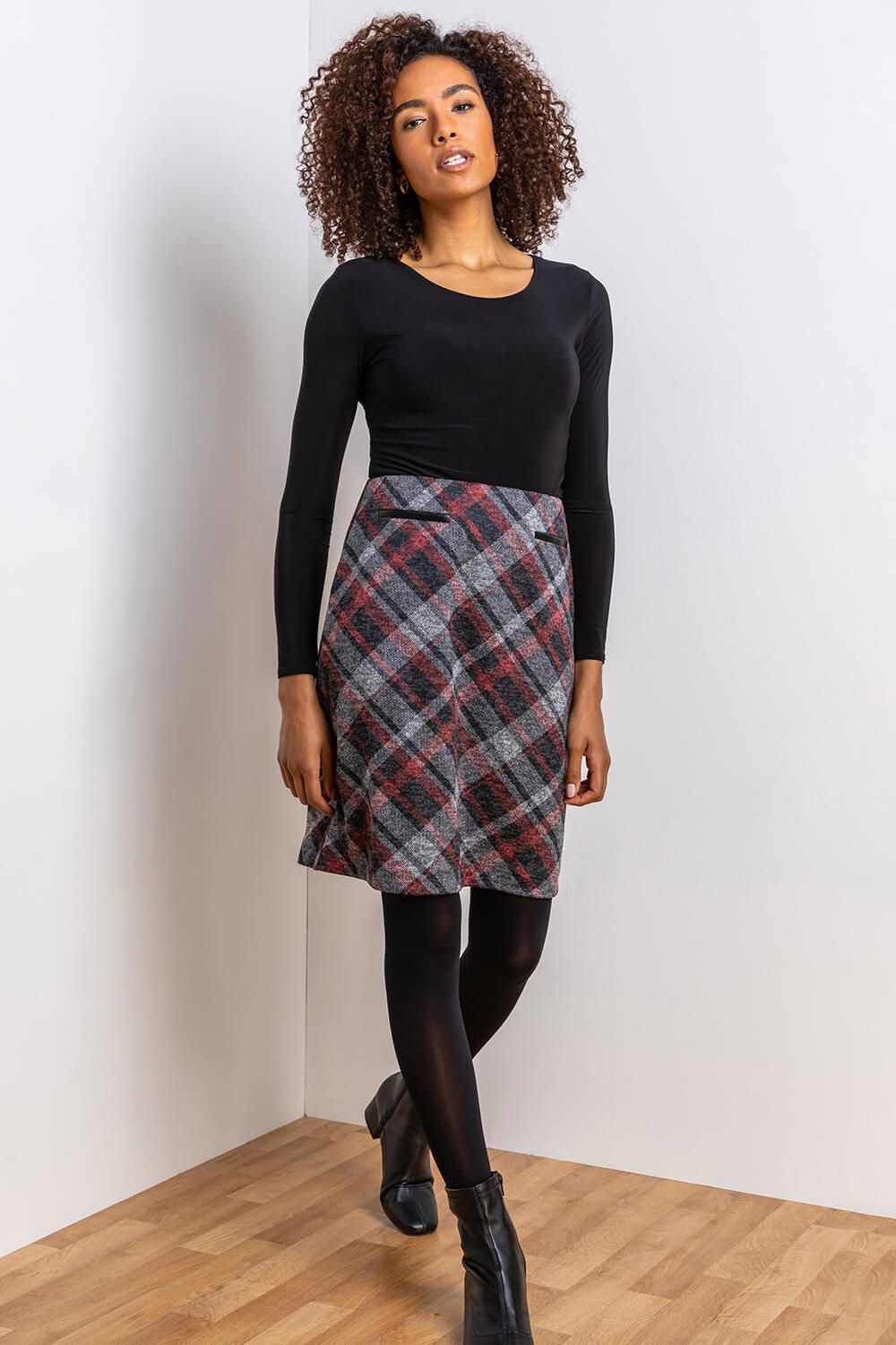 Red Check Print Textured Skirt, Image 3 of 4