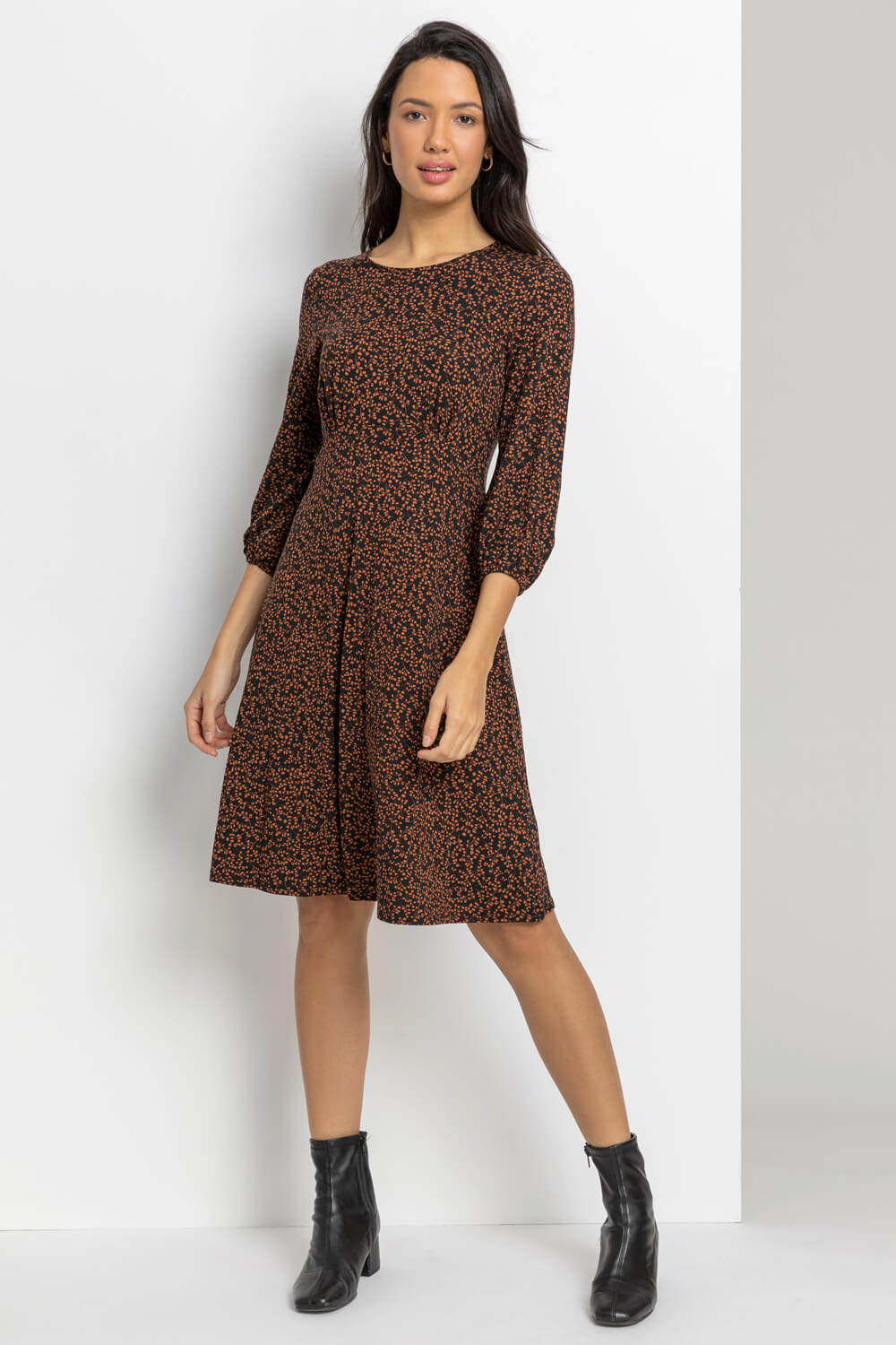 Brown Ditsy Floral Print Dress, Image 3 of 4