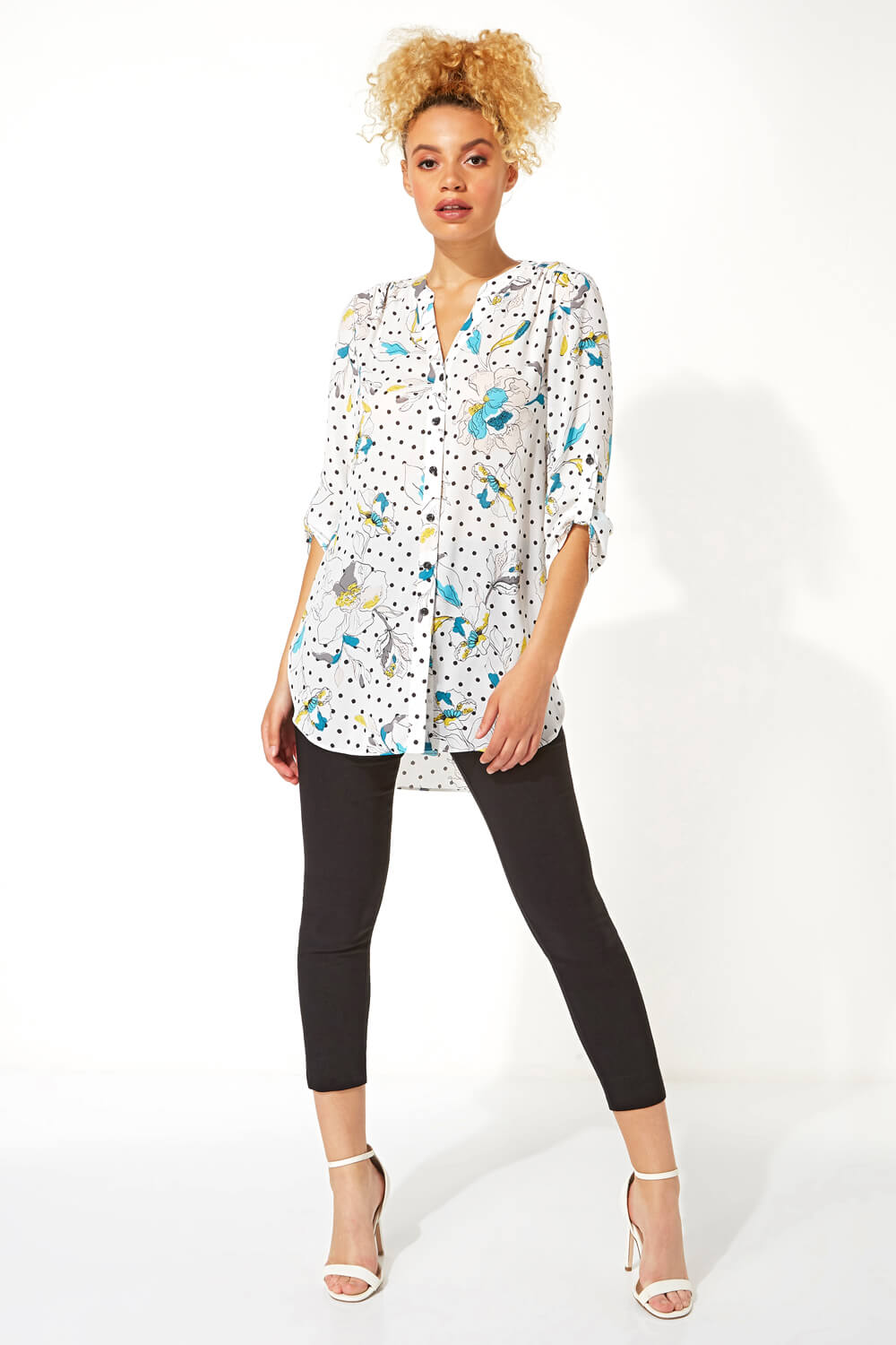 Ivory  Spot Floral Button Through Blouse, Image 2 of 5