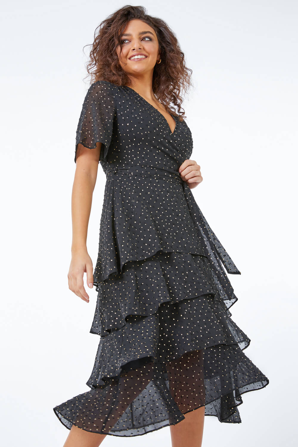 Petite Spot Print Tiered Frill Midi Dress in Black | Roman UK