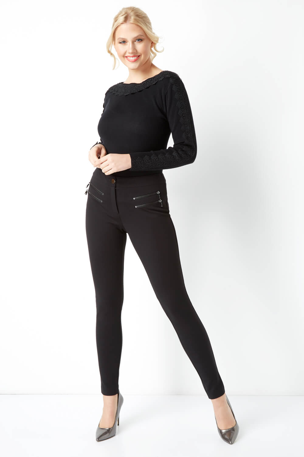 Stretch Zip Detail Ponte Trousers in Black - Roman Originals UK