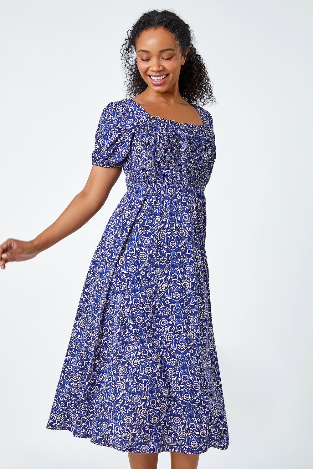 Navy  Petite Shirred Stretch Floral Dress, Image 4 of 5