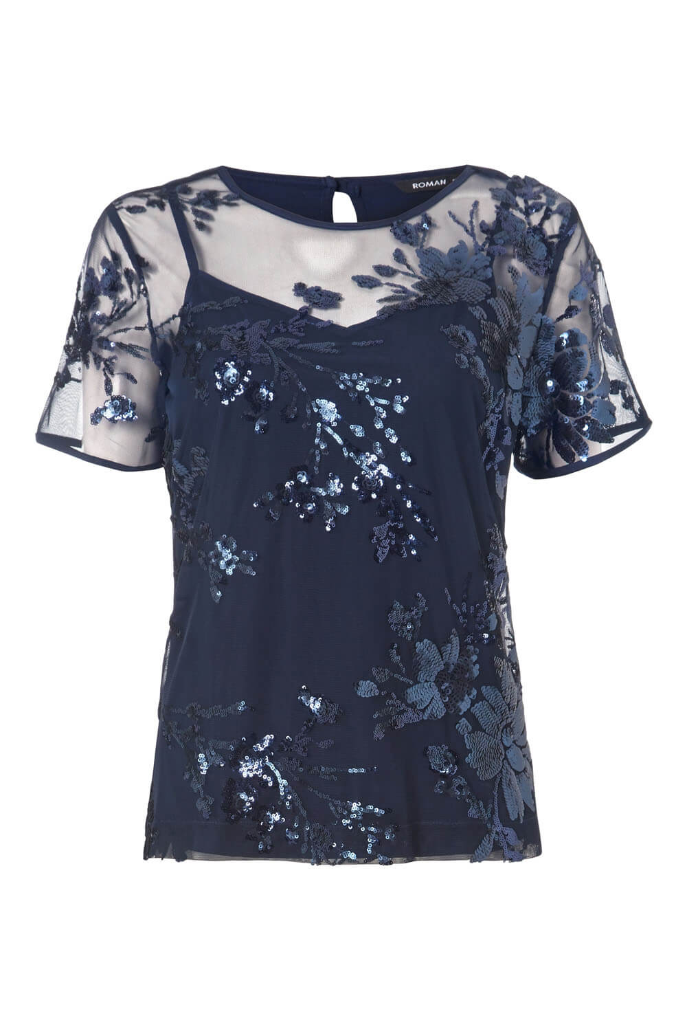 Navy  Floral Mesh Embroidered Top, Image 5 of 5